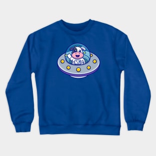 Cute Cow Astronaut in UFO Cartoon Crewneck Sweatshirt